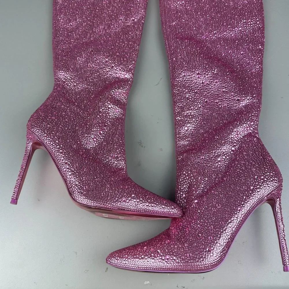 RARE Vivianne Thigh High Steve Madden Pink Beaded Stiletto Boots - Picture 3 of 8